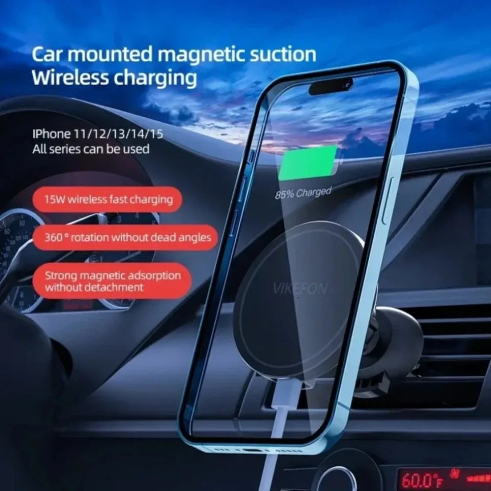 Soporte Magnético para Coche con Carga Inalámbrica Rápida de 15W, Rotación de 360° para iPhone 12 13 14 15 16 17 Pro Max