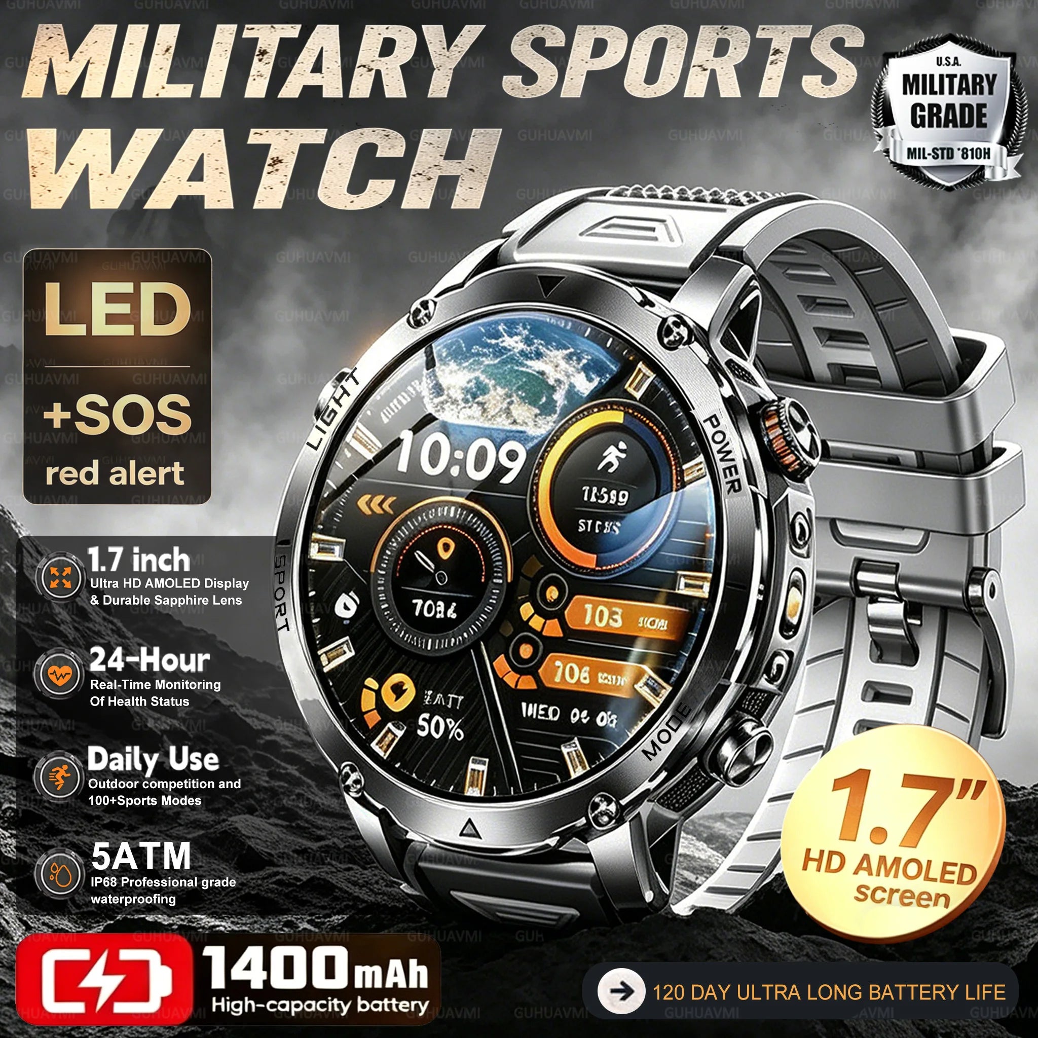 Reloj Inteligente Deportivo Militar 1400mAh Bluetooth