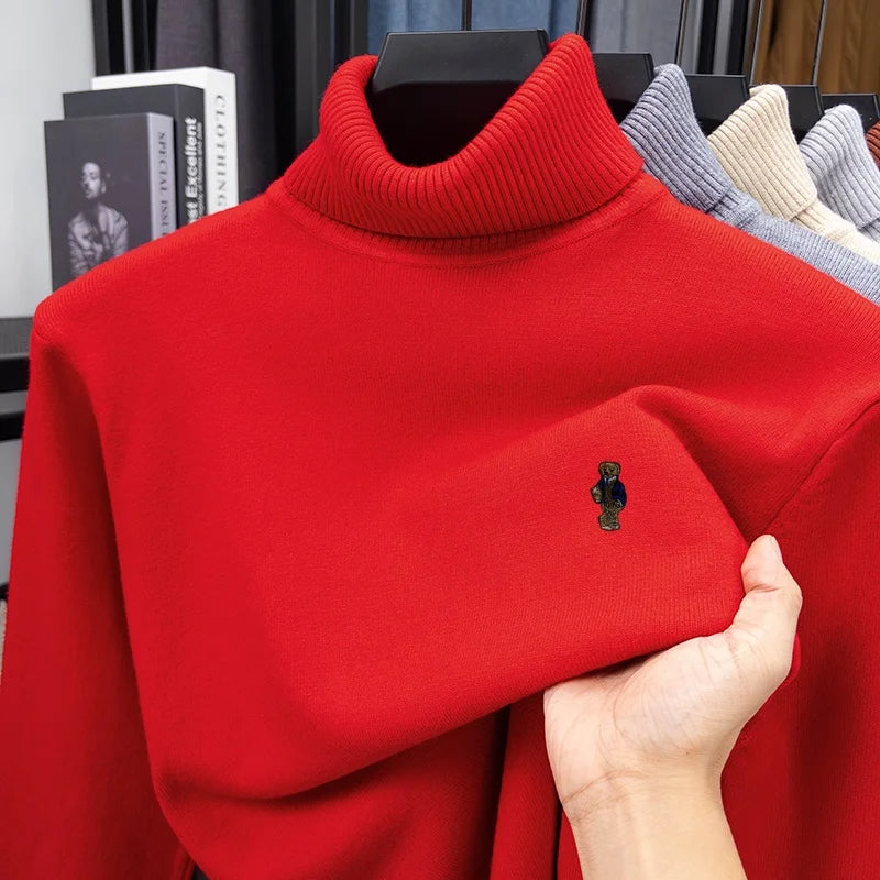 Suéter de Punto de Manga Larga para Hombre, Diseño de Alta Gama, Estampado de Oso, Cuello Alto, Estilo Informal, Versátil, Cálido y Moderno