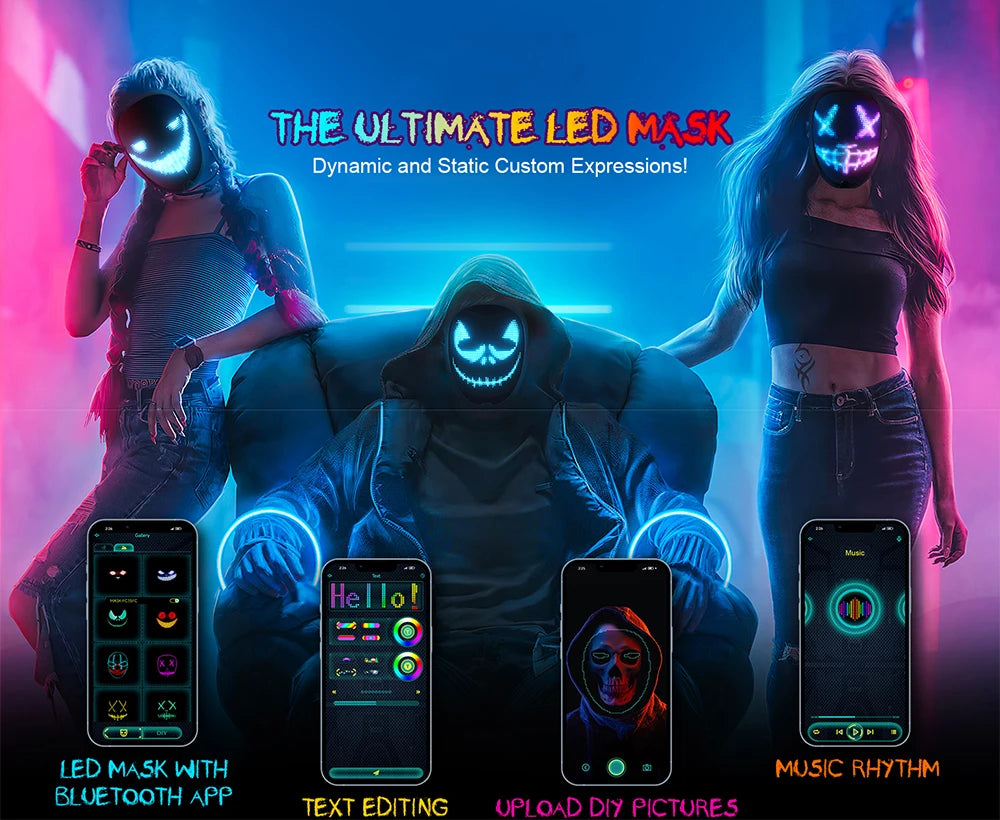 Máscaras Faciales LED Inteligentes Programables con Control por Aplicación Bluetooth, Cambio de Fotos DIY, Máscara LED Luminosa para Fiestas de Halloween