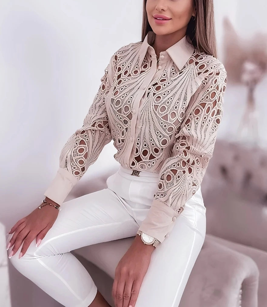 Blusa Ahuecada de Manga Larga con Botones para Mujer