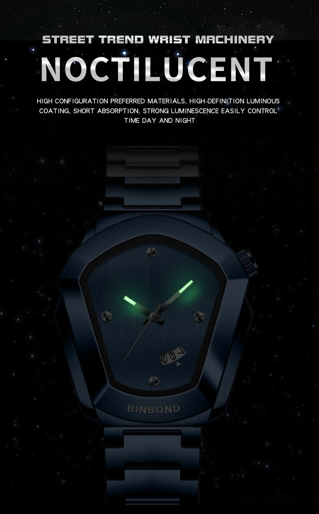 Reloj de Cuarzo BINBOND para Hombre, Lujo, Acero Inoxidable, Calendario