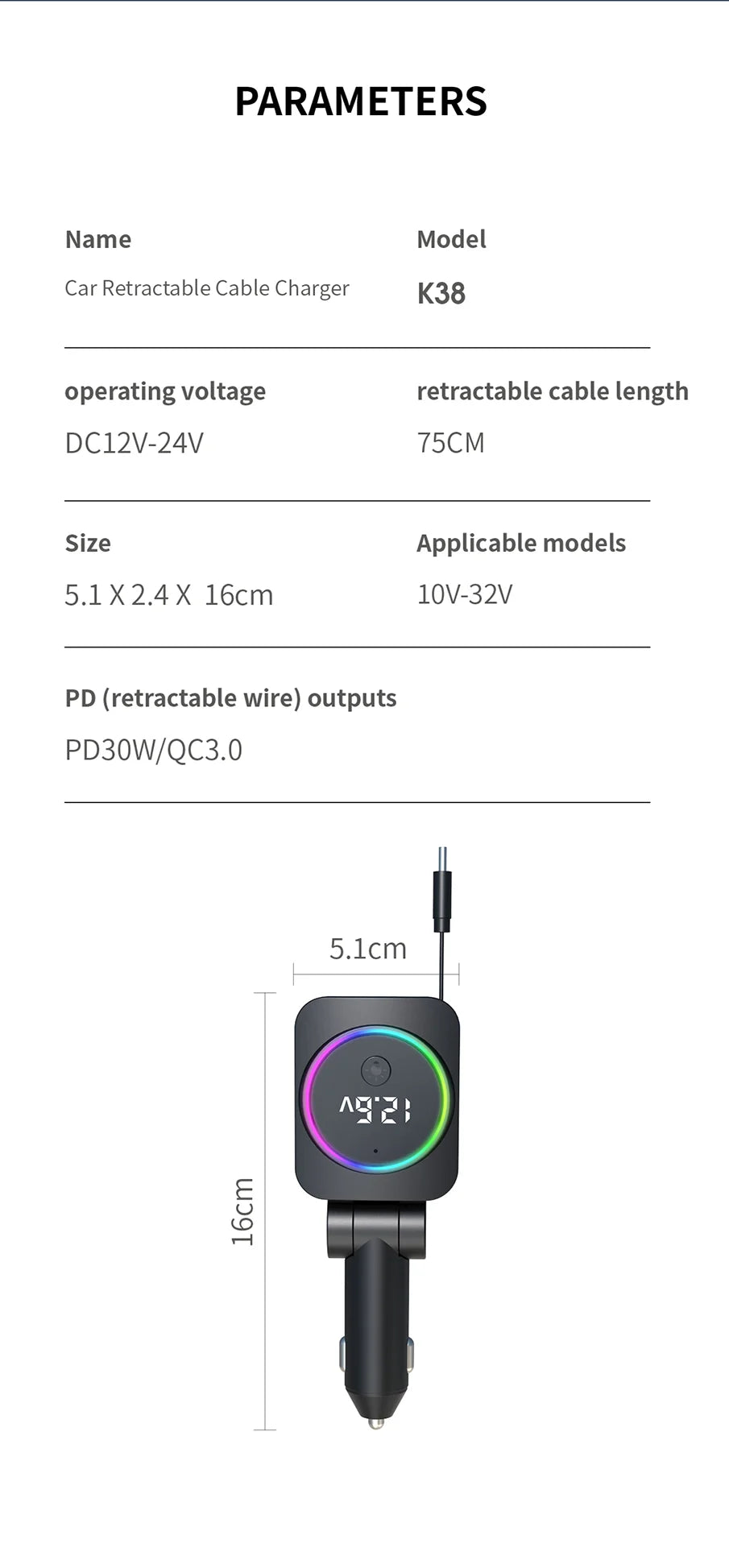 Cargador de Auto Retráctil 60W con Cable Tipo C PD30W y QC3.0 USB