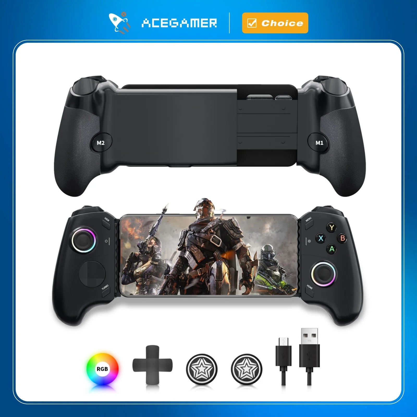 AceGamer Gamepad tipo C controlador de juegos móvil para iPhone 15 Series/Android, controlador de teléfono de estiramiento con joys de efecto Hall