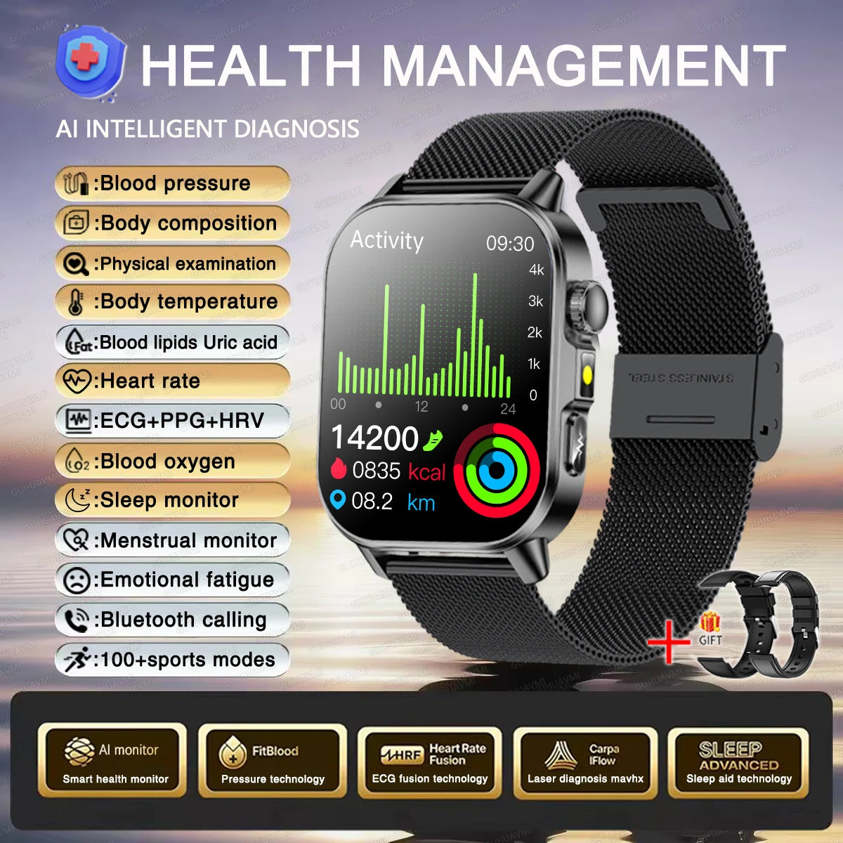 Reloj Inteligente con Diagnóstico ECG, Oxígeno en Sangre y Pantalla AMOLED