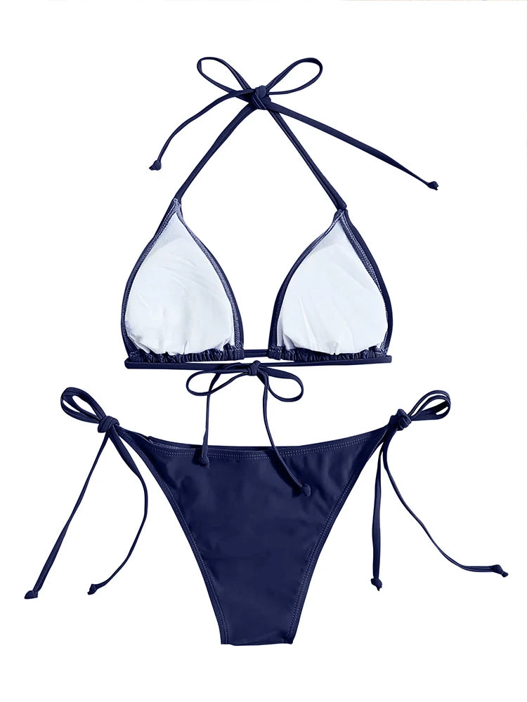 Traje de baño Tanga Bikini conjunto Sexy nuevo azul marino trajes de baño mujer Sexy trajes de baño Bikinis triángulo vendaje ropa de playa femenina