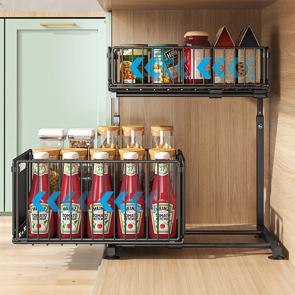 Organizador de gabinete extraíble de 2 niveles, estante de almacenamiento de cocina ajustable, organizador debajo del fregadero, estante de almacenamiento para tarros de especias, cajón deslizante