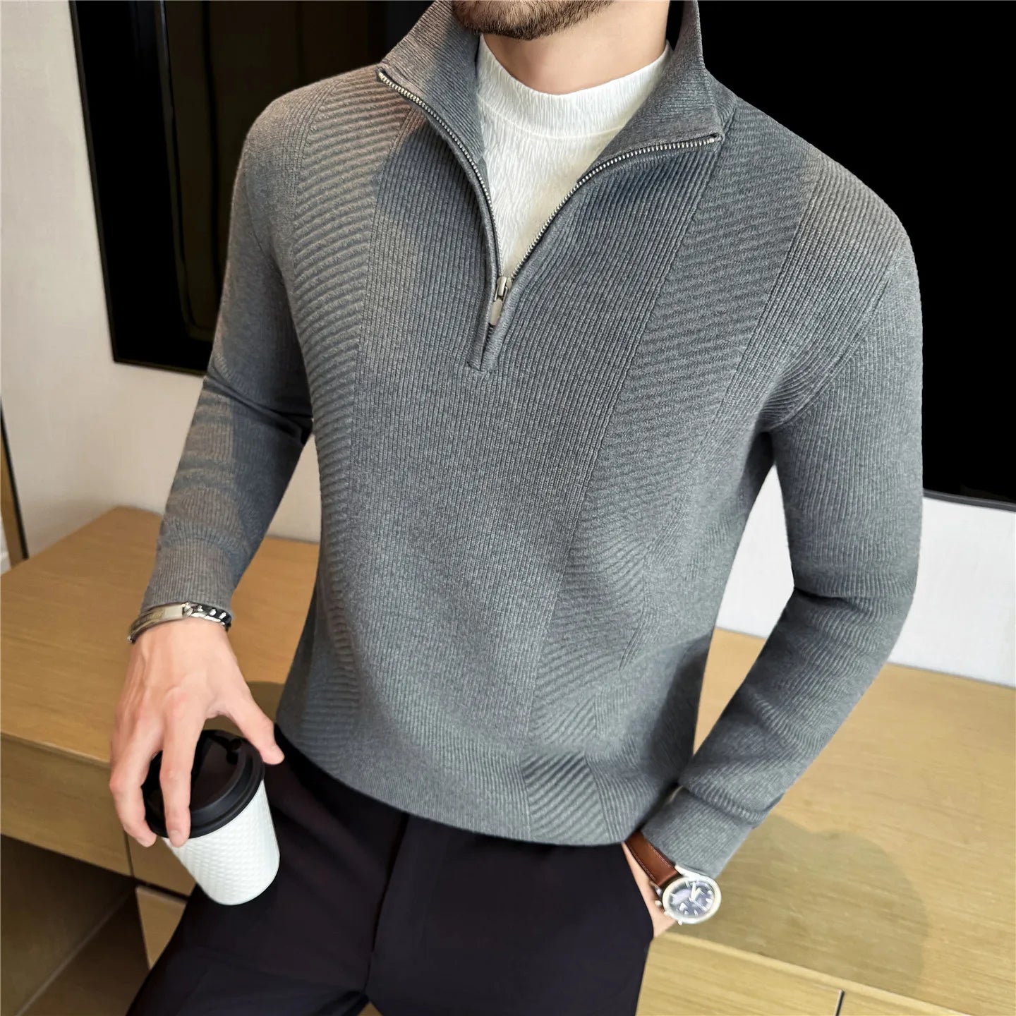 Suéter de Punto con Media Cremallera para Hombre - Cuello Semialto
