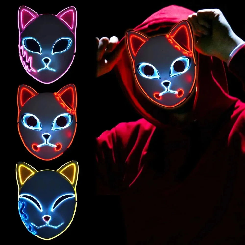 1 máscara facial Led brillante Demon Slayer, accesorio de Cosplay de Anime, cara de gato, zorro, Halloween, luz fría, máscara intermitente, disfraz de fiesta