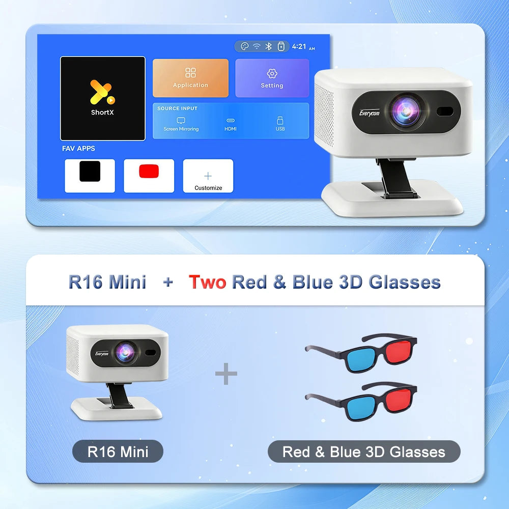 Proyector de Gafas 3D Everycom R16 Mini+Two Rojo y Azul, Versión Android, 14000 Lúmenes, Cine en Casa