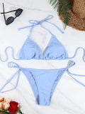 Traje de baño Sexy de Color sólido para mujer, conjunto de Bikini con Tanga para mujer, traje de baño brasileño ajustable con tirantes divididos y lazo lateral, ropa de playa 2 piezas