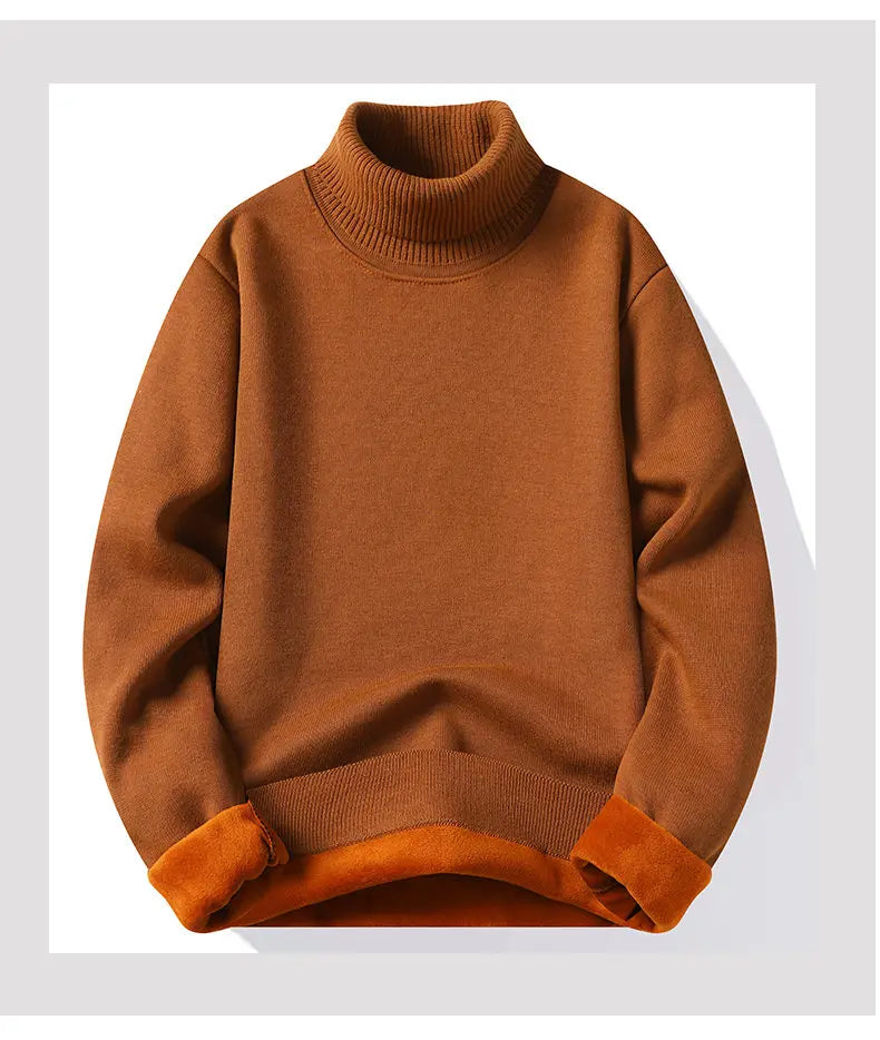 Suéter de cuello alto para hombre, prendas de punto de lana, jerséis de terciopelo de Color sólido, suéteres de punto marrones de marca de lujo elegantes ajustados