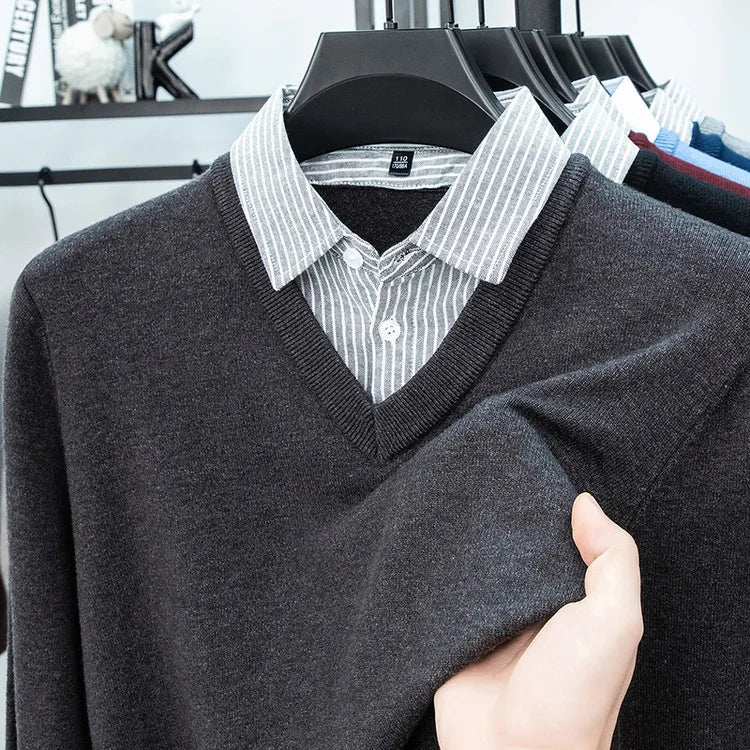Suéter de punto con cuello de camisa para hombre, azul claro (6 colores), diseño falso de dos capas, estilo informal de negocios    Ajuste elástico y cómodo