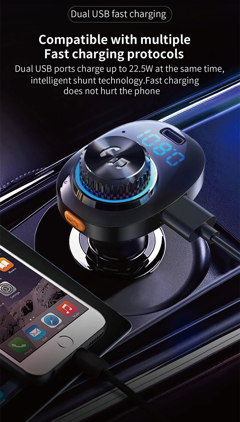 Transmisor FM Bluetooth 5.0 para Auto DYBO, Carga Rápida QC3.0 PD20W