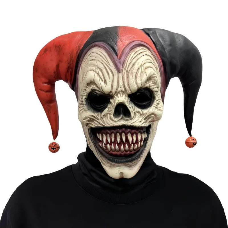 Máscara de payaso amenazante con cuernos, calavera sangrante, Halloween para fiestas de disfraces, casas embrujadas con pendientes de campana, colgantes de calabaza