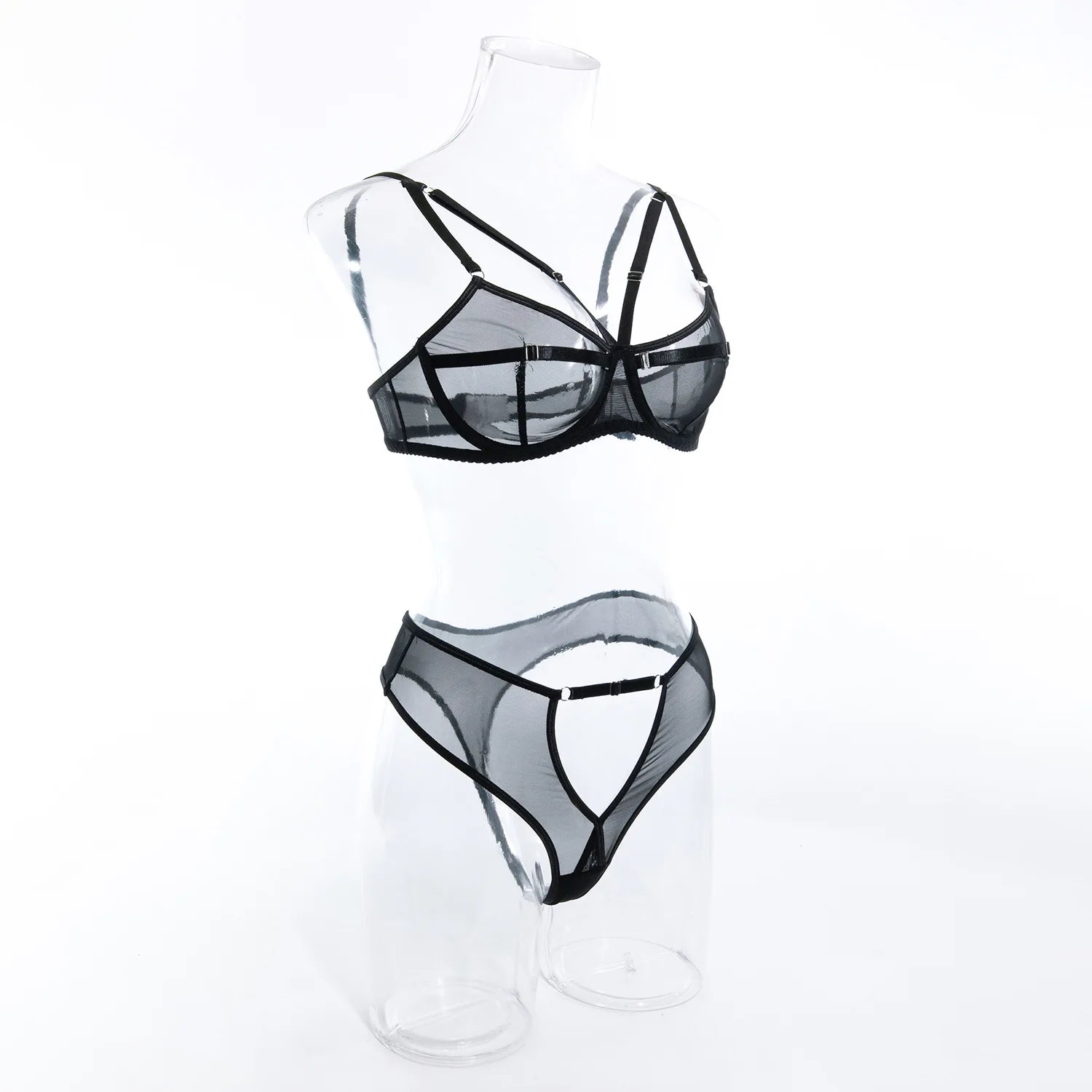 Conjunto de Lencería de Malla Transparente con Sujetador Push Up y Tanga