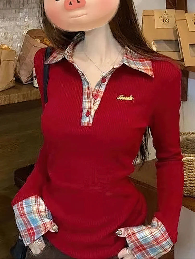 Camiseta de Manga Larga a Cuadros con Cuello Polo