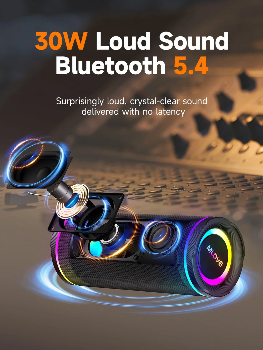 Altavoz Bluetooth portátil MLOVE: potente sonido dual, iluminación RGB colorida, totalmente impermeable (IPX7), compatible con TWS