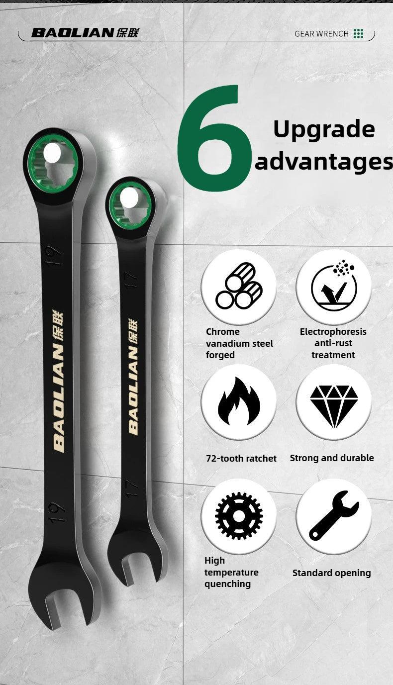 BAOLIAN Llave de trinquete de flor de ciruelo rápida direccional dual, herramienta de llave de doble uso de apertura pequeña automática de grado industrial