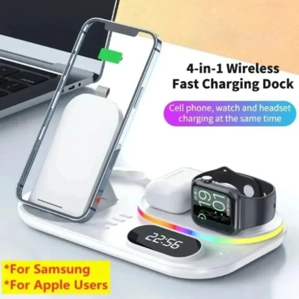 Base de Carga Inalámbrica 4 en 1, Estación de Carga Rápida de 15W para iPhone 12-17, Samsung Galaxy Watch, iWatch, Auriculares Xiaomi