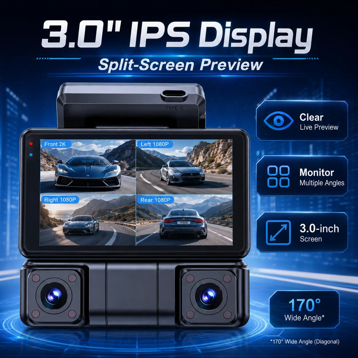 Cámara para Auto de 4 Canales, 3 Pulgadas IPS WiFi, DVR para Vehículo, Grabación Frontal 2K, Lateral Izquierda y Derecha 1080P, Sensor G, sin Tarjeta TF