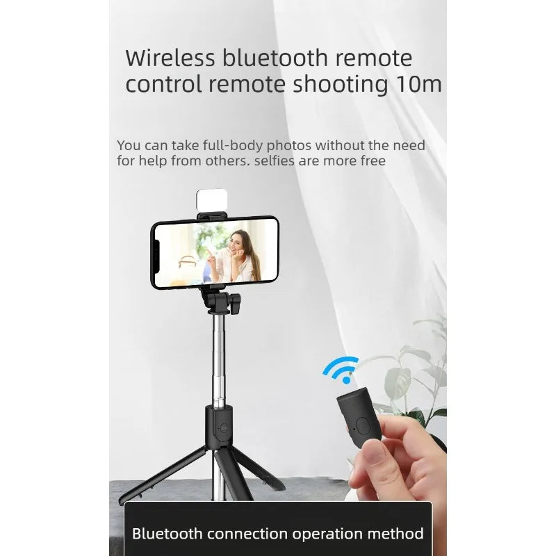 Trípode para selfies con Bluetooth, luz LED y soporte para teléfono