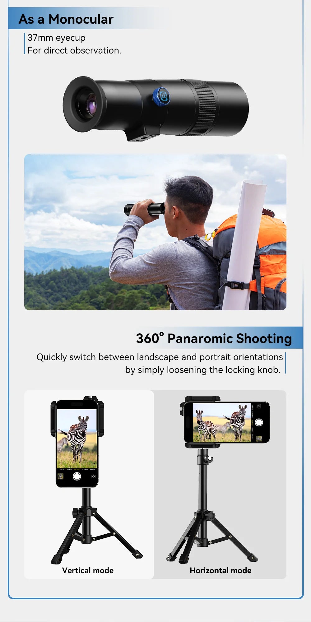 APEXEL Teleobjetivo Monocular 30x con Trípode para Teléfono