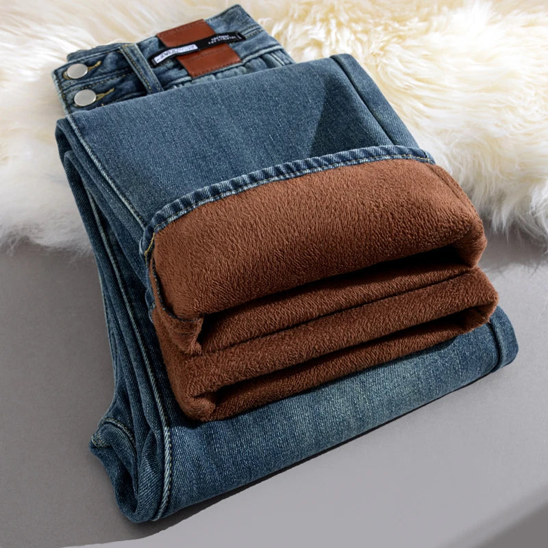 Pantalones Vaqueros de Pierna Ancha con Forro Polar para Mujer, Cintura Alta