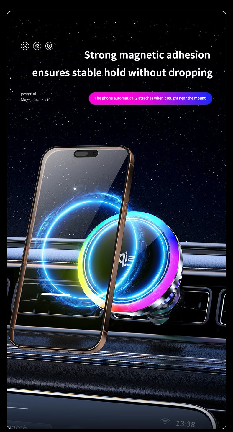 Cargador Inalámbrico Magnético Qi2.2 de 25W para Coche con Refrigeración por Aire, Estación de Carga Rápida, Soporte para Teléfono con Ventilación para iPhone 17-12 Pro Max
