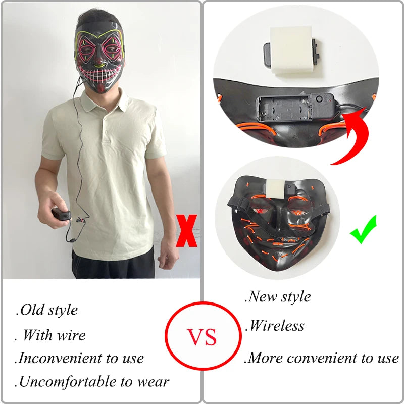 Máscaras Faciales Luminosas Inalámbricas para Halloween, Máscara Purge con Luz, Accesorios de Cosplay, Disfraz de Máscara Facial de Neón