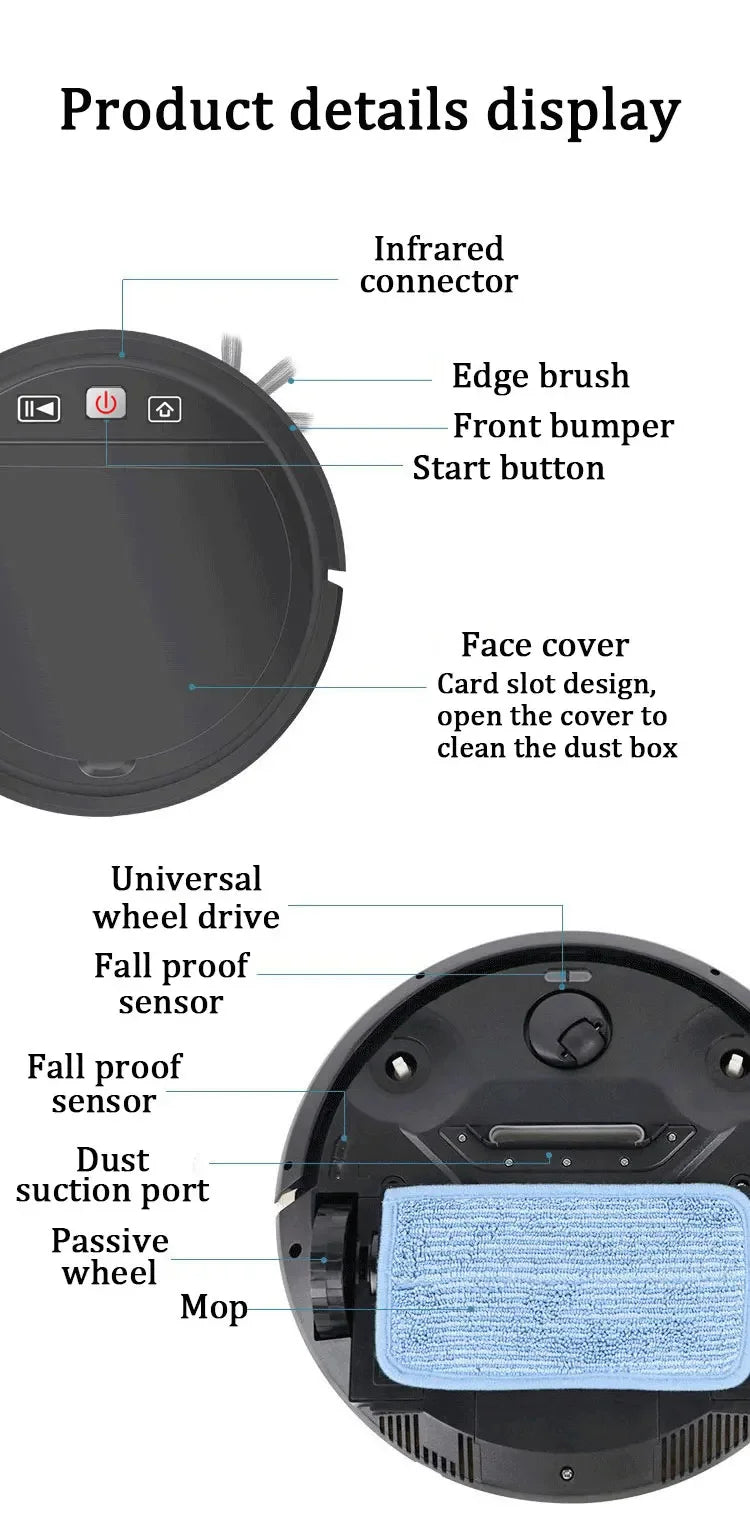 Robot Aspirador Inteligente con Control Remoto, Recarga Automática, Limpieza de Suelos