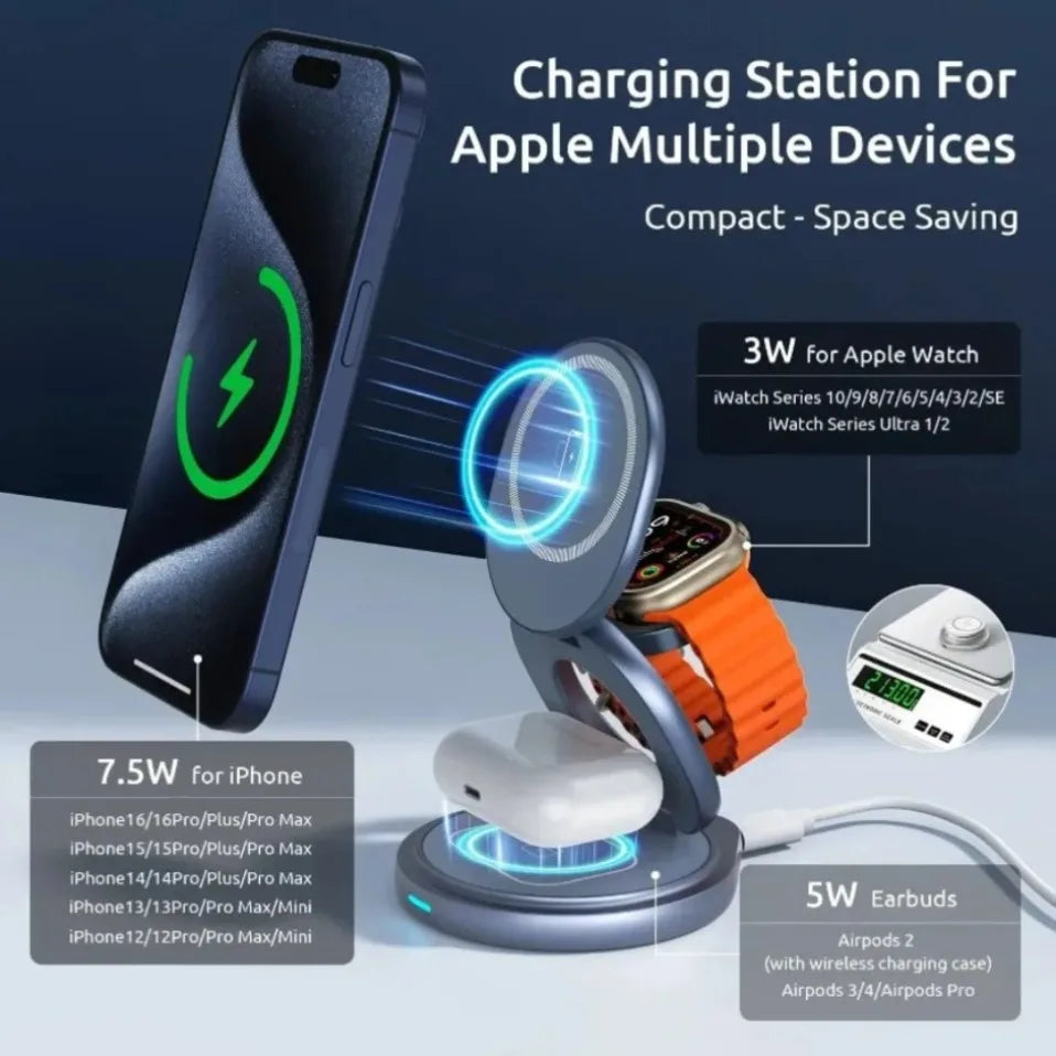 Cargador Inalámbrico Magnético de Aleación de Zinc para Magsafe iPhone 17~12 Pro Max, Apple Watch 11-2, Airpods Pro 4/3/2, Estación de Carga Rápida