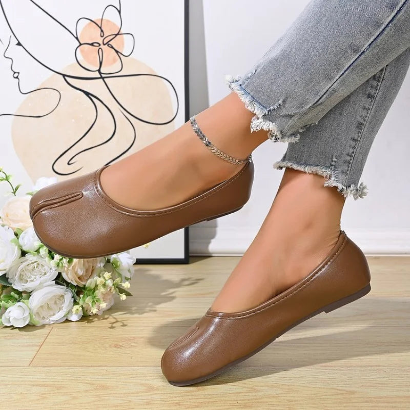 Zapatos Planos de Mujer con Punta Dividida y Ajuste Ancho, de Cuero PU, Sin Cordones, Cómodos y Casuales para Oficina, Primavera/Verano