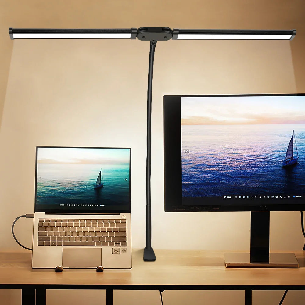 Lámpara de Escritorio LED de Doble Cabezal con Clip, Lámpara de Mesa para Arquitectos, Iluminación para Oficina en Casa, 3 Modos de Color y 10 Niveles de Intensidad, Lámparas de Escritorio con Protección Ocular