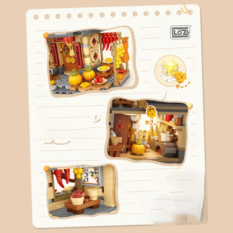 LOZ-1379 Bloques de construcción de casa de sol y otoño, conjunto de modelo educativo de casa de madera, juguetes de bloques de construcción para niños, regalos de cumpleaños