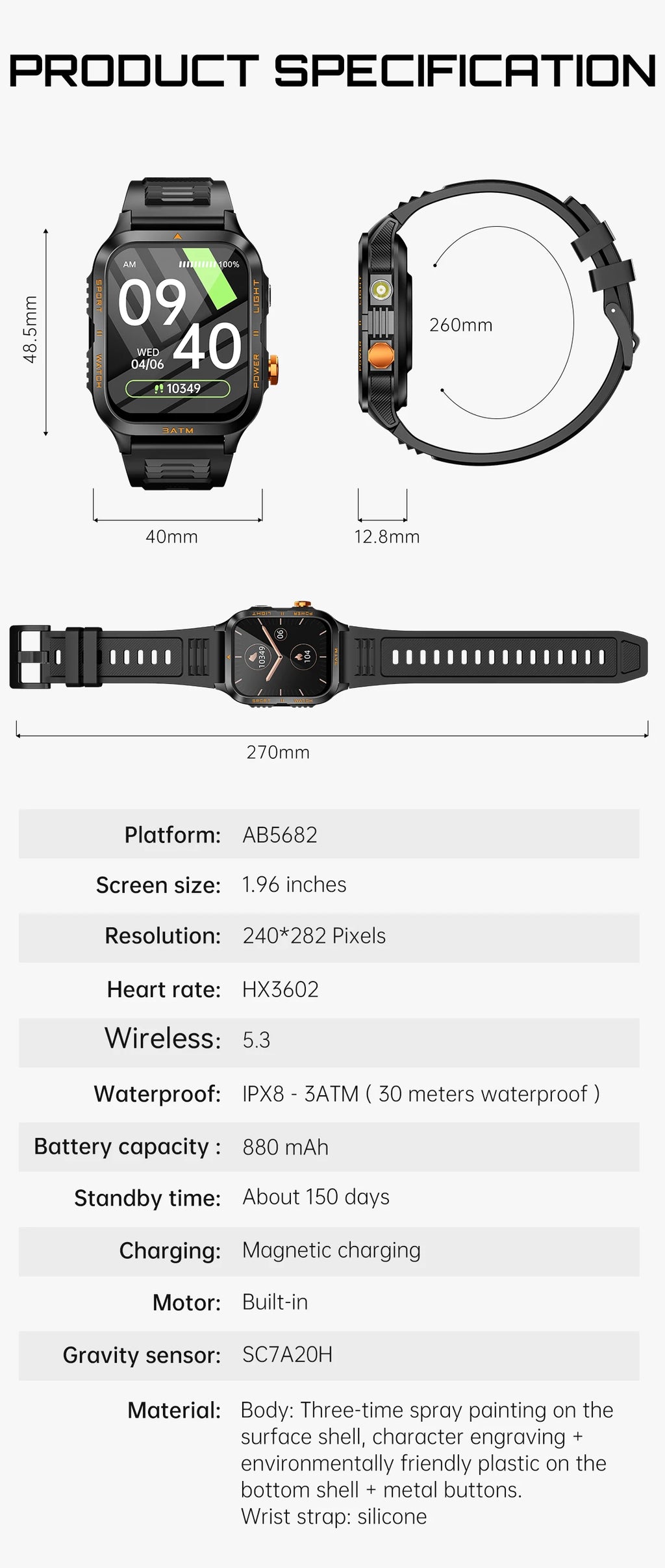 LIGE Reloj Inteligente Militar 880mAh Linterna