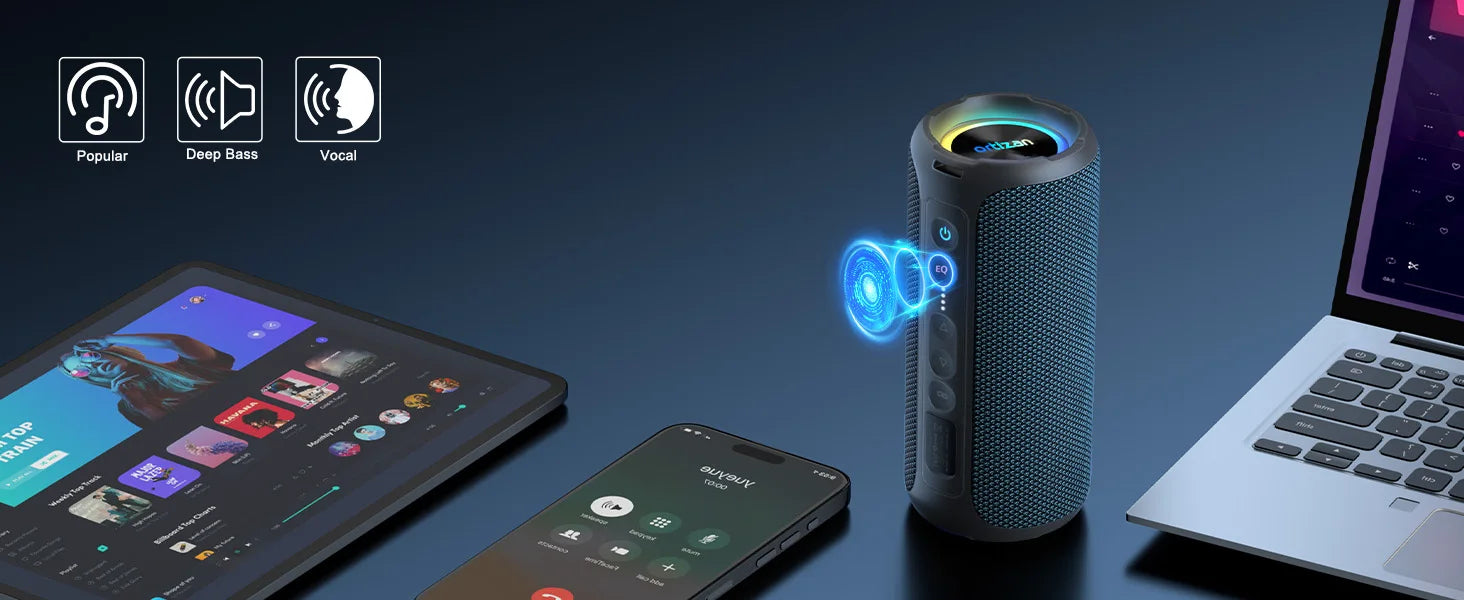 Altavoces Bluetooth Ortizan, altavoz estéreo inalámbrico portátil - IPX7 resistente al agua, sonido fuerte, graves profundos, luz LED, Bluetooth 5.3