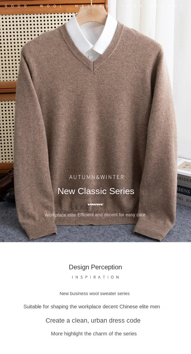 2025 suéter 100% de lana merina de Cachemira con cuello en V para hombre, jersey inteligente informal básico de manga larga, prendas de punto, Tops para Otoño e Invierno