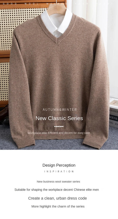 2025 suéter 100% de lana merina de Cachemira con cuello en V para hombre, jersey inteligente informal básico de manga larga, prendas de punto, Tops para Otoño e Invierno