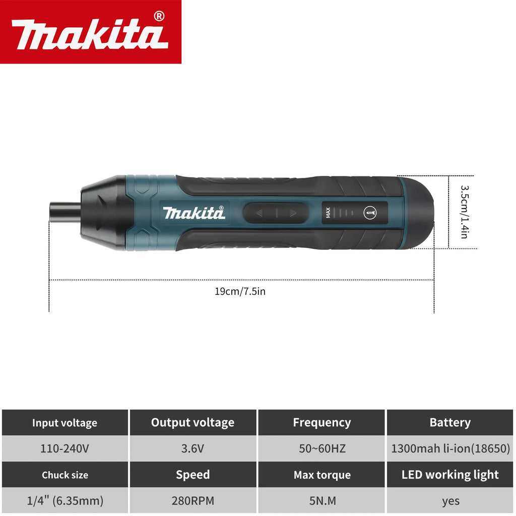 Destornillador Eléctrico Inalámbrico Makita |   3.6V 5N.m Torque |   Portabrocas de 1/4 de pulgada |   Batería de iones de litio de 1300 mAh. HT422
