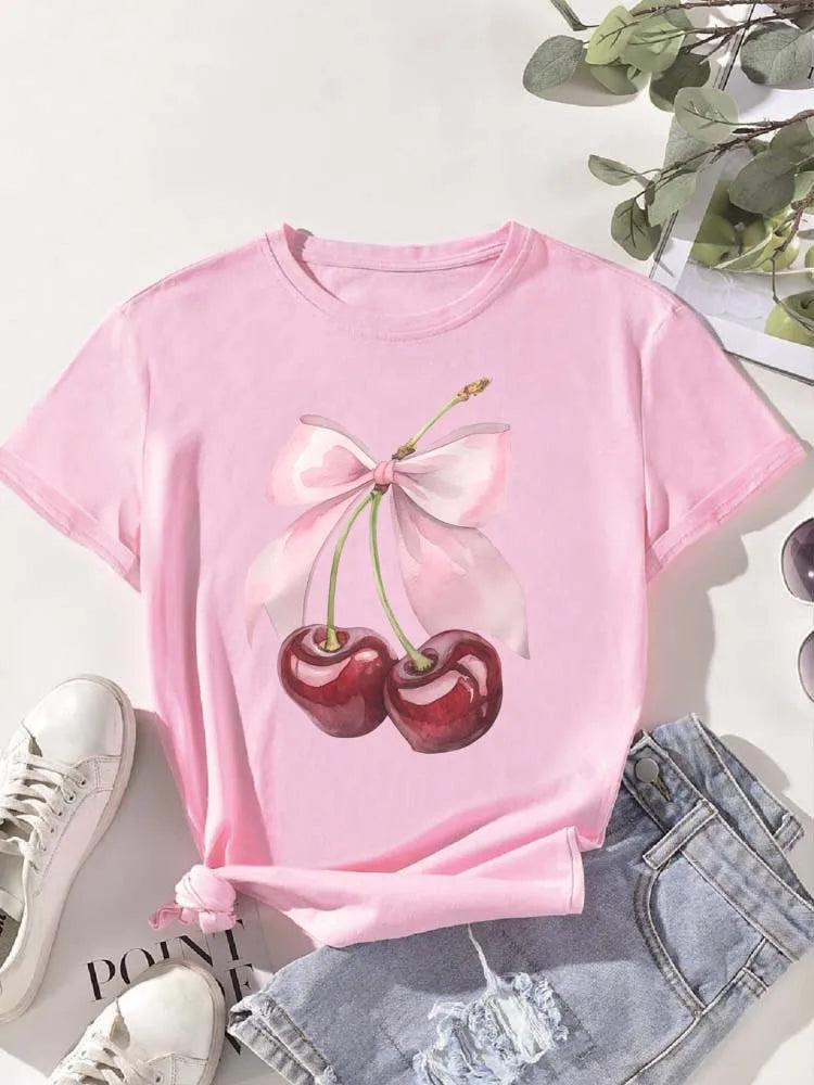 Camiseta con Estampado de Cereza para Mujer, Manga Corta