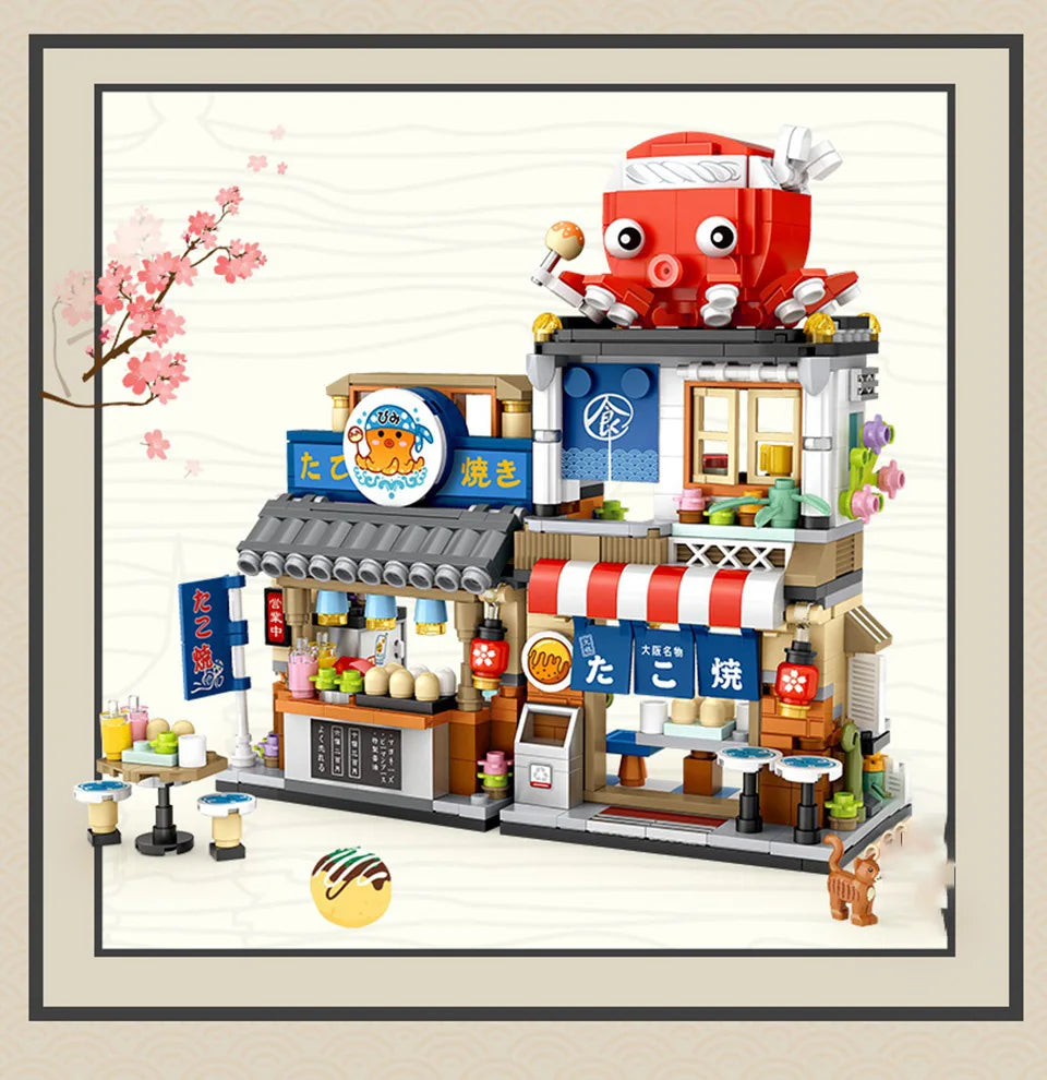 Bloques de Construcción LOZ-1219 Snack Street, Modelo DIY de Tienda de Té con Leche y Takoyaki, Decoración de Escritorio, Regalo Coleccionable para Adultos, Cumpleaños, Festividades