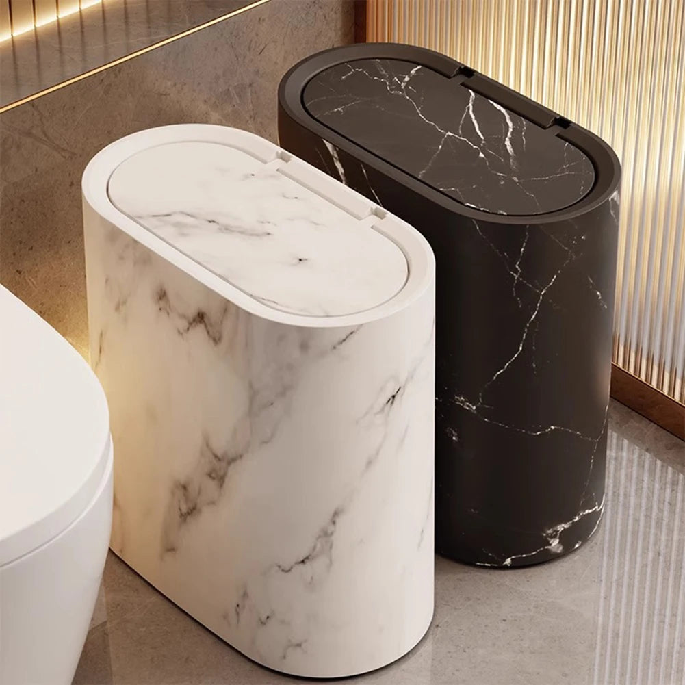 Cubo de basura delgado con tapa para baño y cocina, diseño mármol y madera