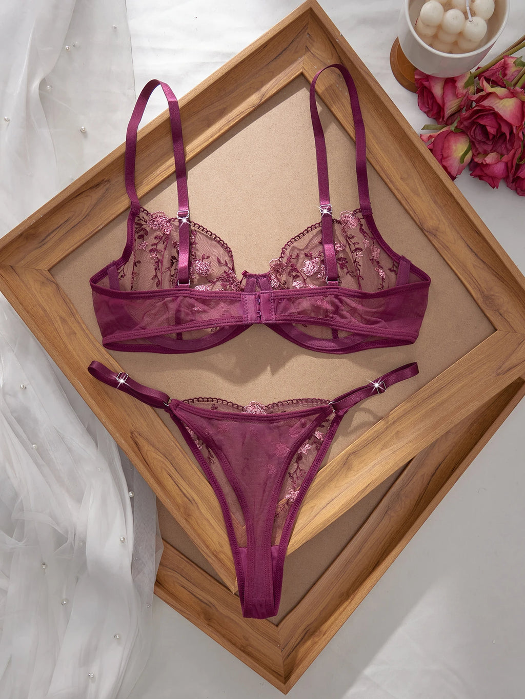 Conjunto de Sujetador y Bragas Ultrafino con Estampado Floral para Mujer