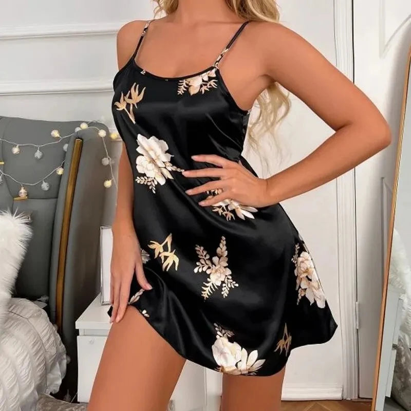 Camisón Sexy con estampado Floral para mujer, ropa de dormir de seda, color negro, para el hogar