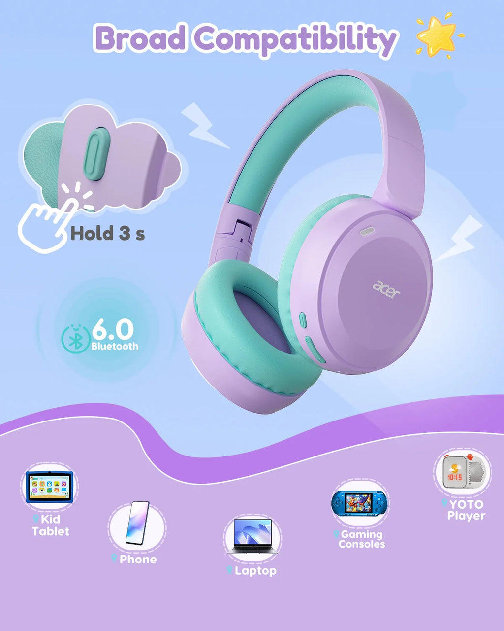 Acer Auriculares Infantiles Bluetooth 6.0 Volumen Limitado