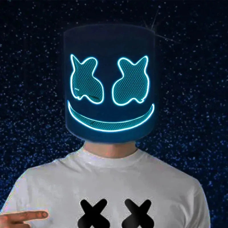 Máscara iluminada de Halloween, cara completa, LED, máscara de malvavisco de neón, tocado luminoso, accesorios para festivales de música DJ, máscara de fiesta Rave Cosplay