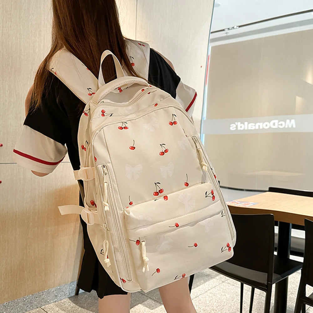 Mochila de Nailon con Estampado de Cerezas y Lazos, Mochila Grande con Múltiples Bolsillos, Ligera y Resistente al Agua para la Escuela y Uso Diario