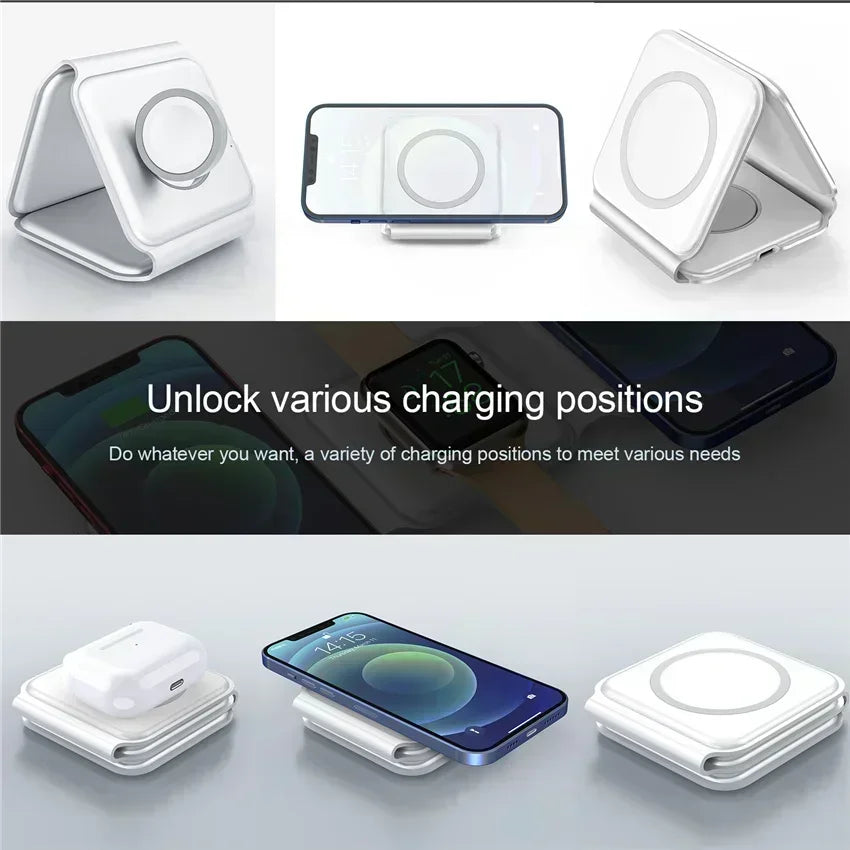 Cargador Inalámbrico Plegable 3 en 1 de Carga Rápida para Escritorio, Compatible con iPhone 17 16 15 14 13 Pro Max, iWatch 10 9 8 7 6, AirPods Pro 2