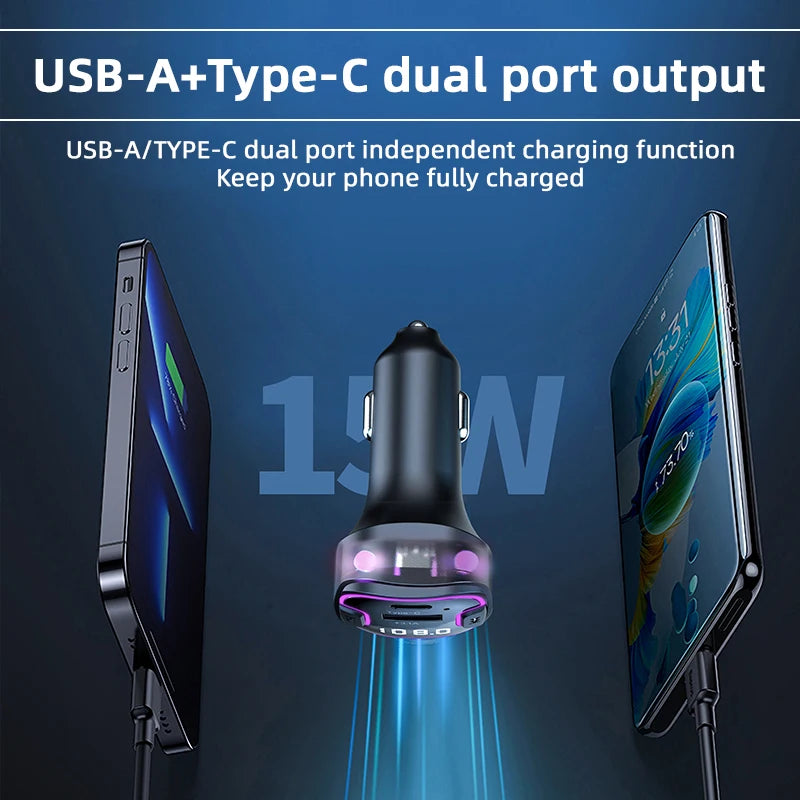 Transmisor FM Bluetooth para Auto Carga Rápida USB-A y Tipo C Manos Libres